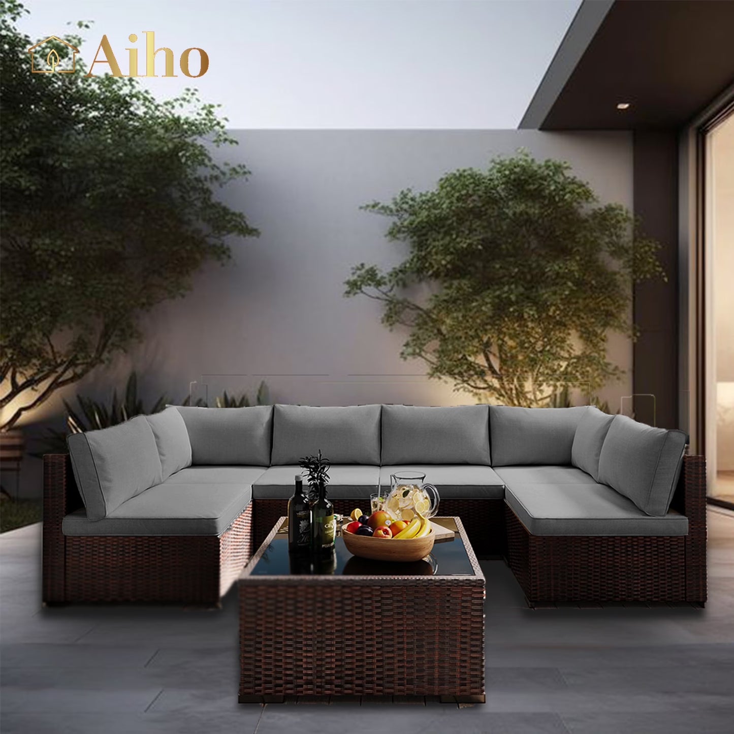 Aiho 7-Piece Rattan Patio Furniture Set , Outdoor Sectional Furniture Set for Patio, Garden, Backyard, Grey