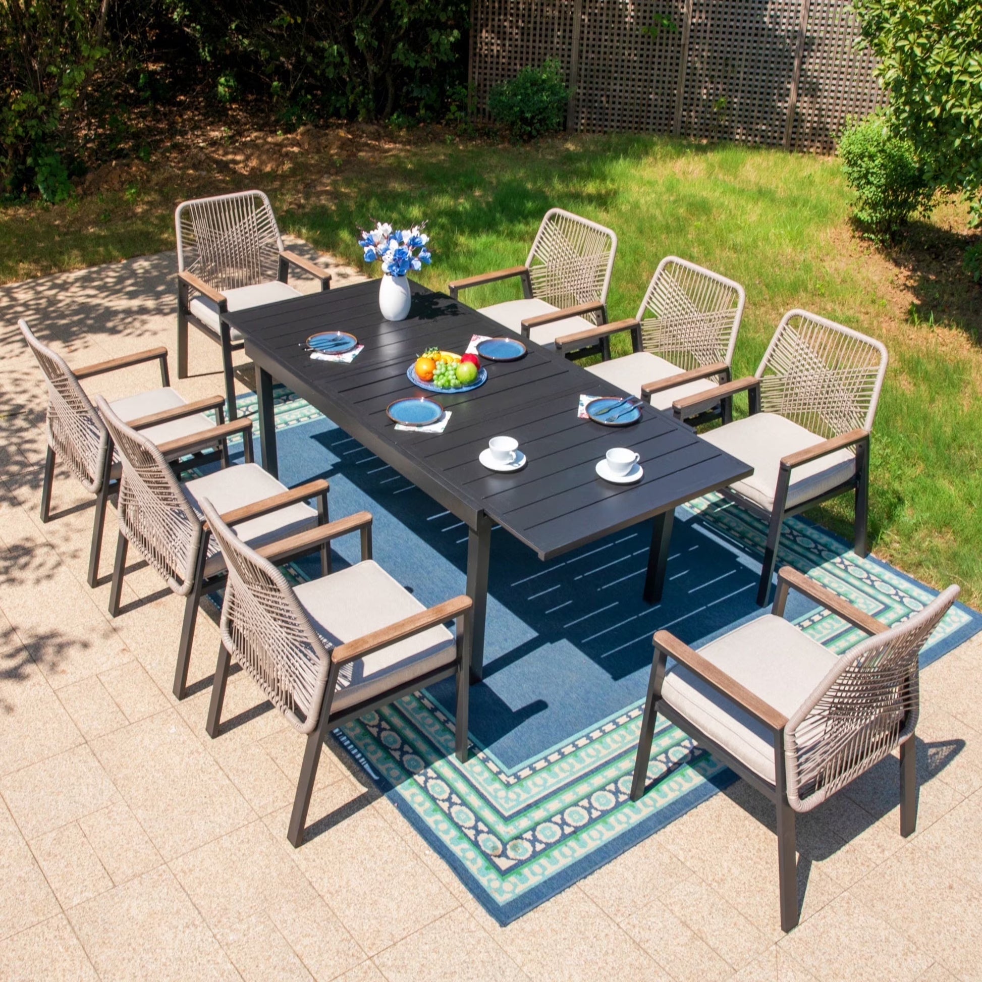 Summit Living 9-Piece Outdoor Dining Set with 8 Cushioned Patio Rattan Chairs and Large Extendable Table, Black and Beige