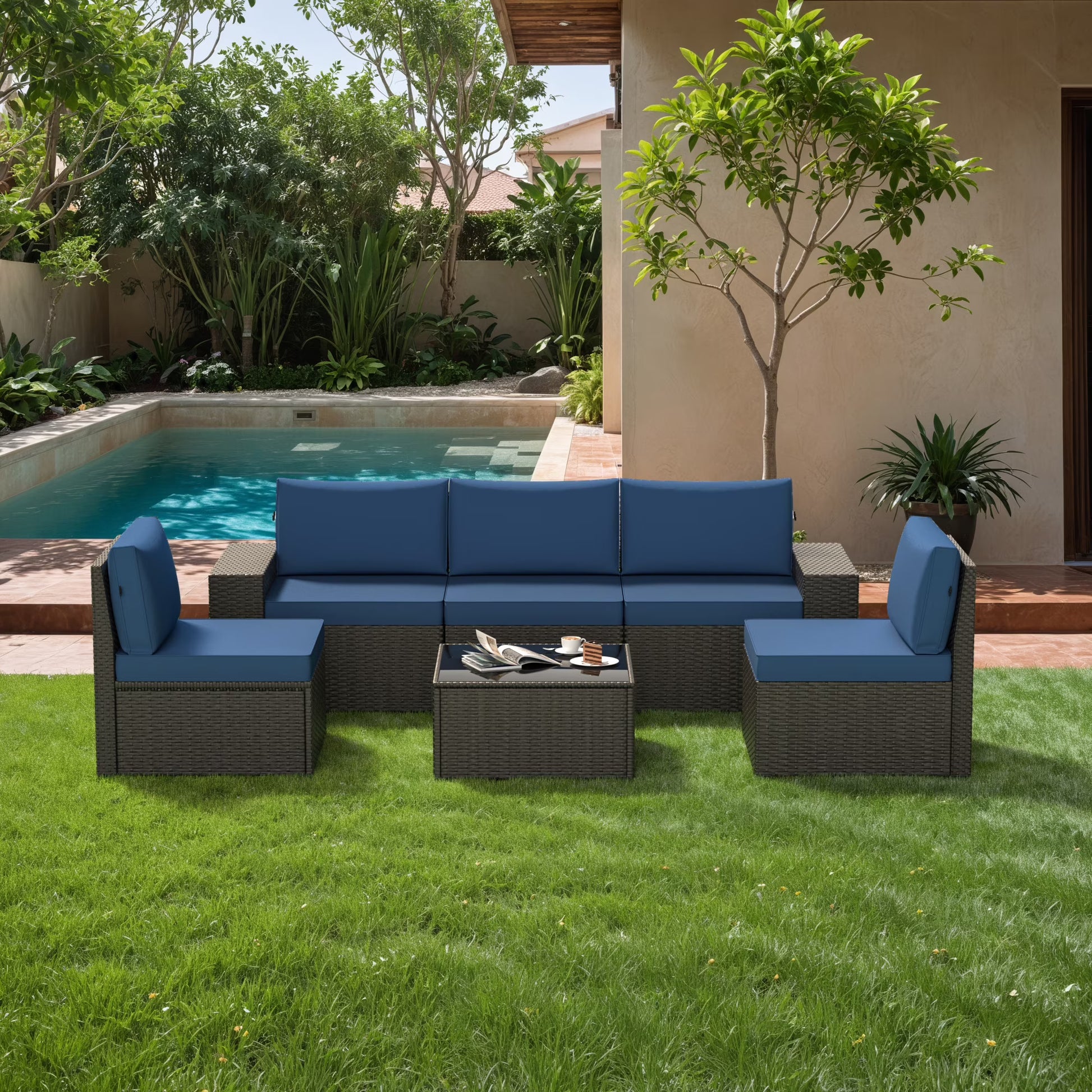 8 Piece Patio Furniture Set with 42" Propane Gas Fire Pit Table with Coffee Table,Blue