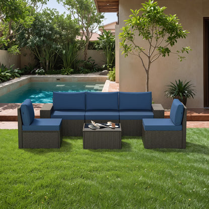 8 Piece Patio Furniture Set with 42" Propane Gas Fire Pit Table with Coffee Table,Blue