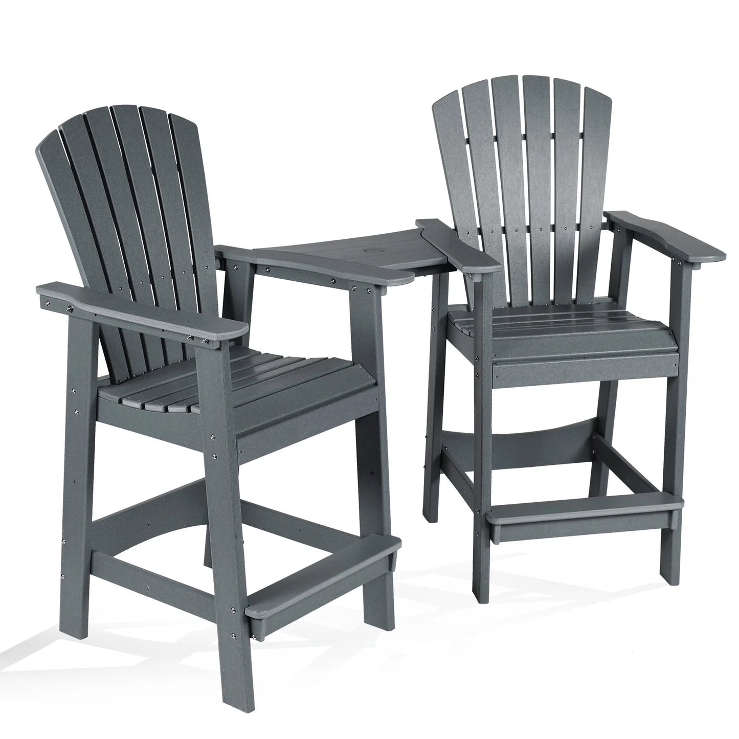 Aoodor Tall Adirondack Chairs Set of 2, HDPE Outdoor Bar Stools with Connecting Tray, Patio Furniture for Backyard, Garden, or Balcony (Gray)