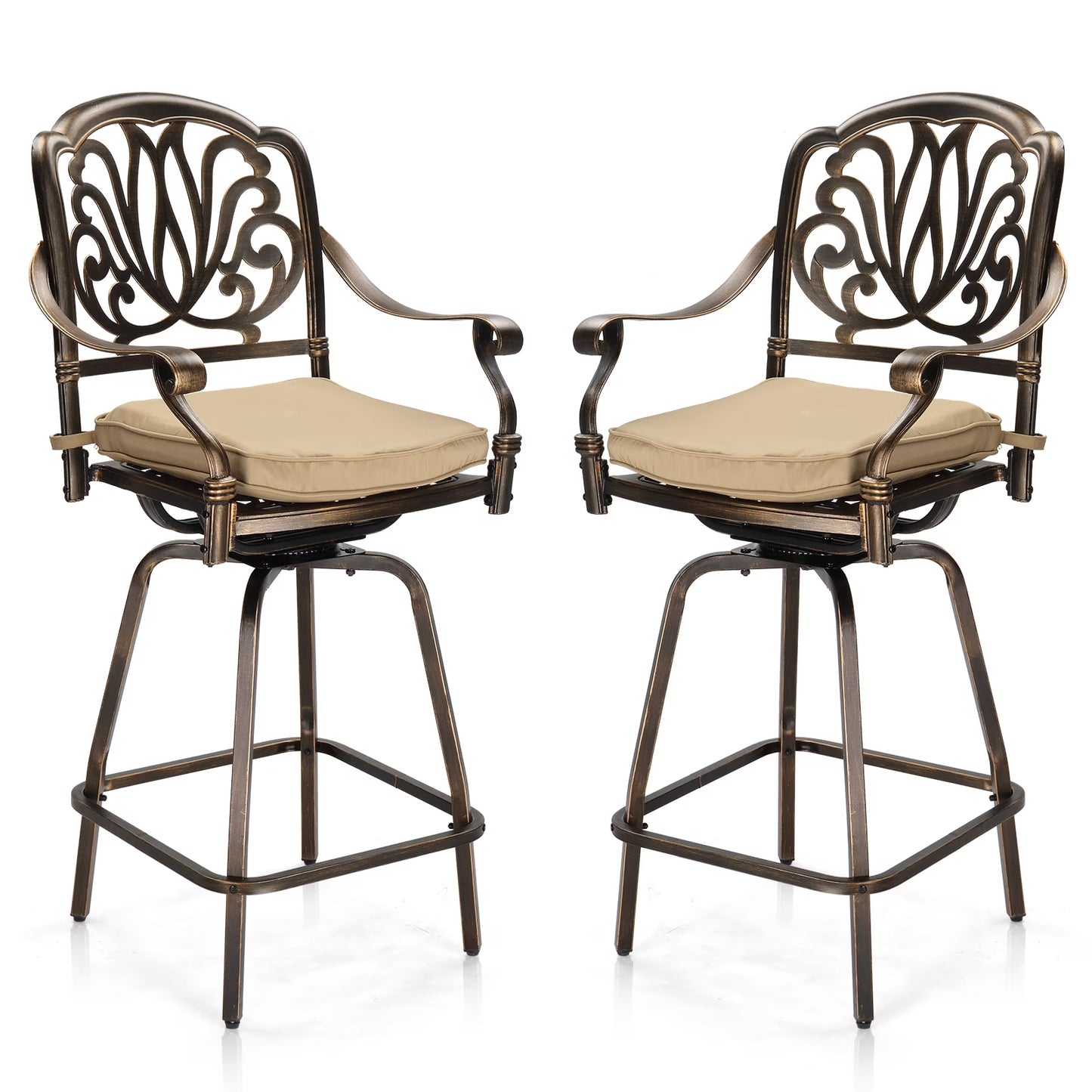 Ktaxon 2Pcs Outdoor Swivel Bar Stools, Weather Resistant Patio Bar Height Chairs, Cast Aluminum Bar Dining Seatings for Pool Deck Balcony (Elizabethan Back)