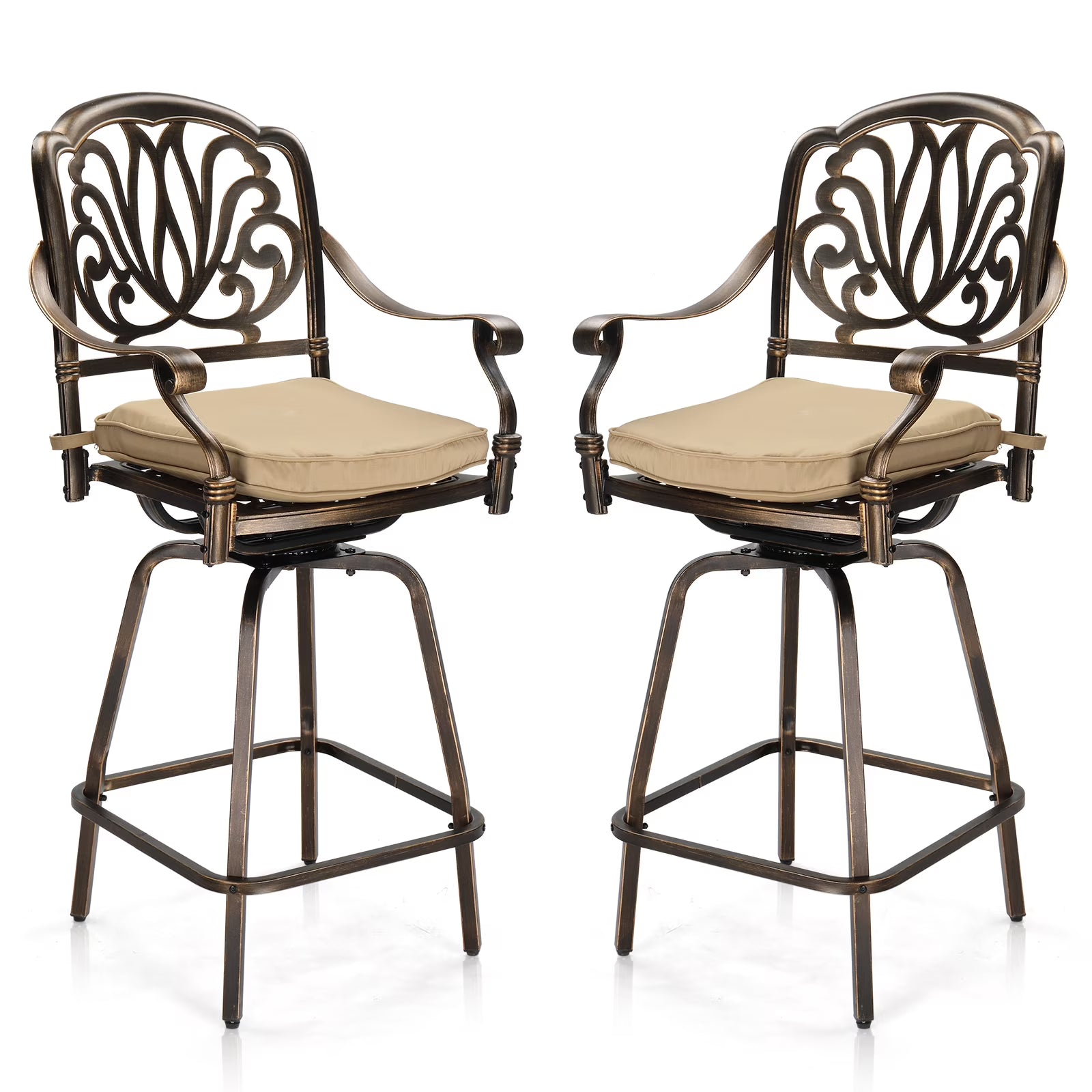 Ktaxon 2Pcs Outdoor Swivel Bar Stools, Weather Resistant Patio Bar Height Chairs, Cast Aluminum Bar Dining Seatings for Pool Deck Balcony (Elizabethan Back)