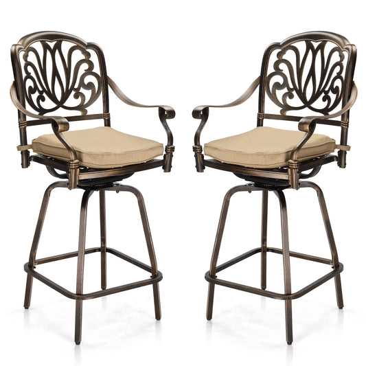 Ktaxon 2Pcs Outdoor Swivel Bar Stools, Weather Resistant Patio Bar Height Chairs, Cast Aluminum Bar Dining Seatings for Pool Deck Balcony (Elizabethan Back)