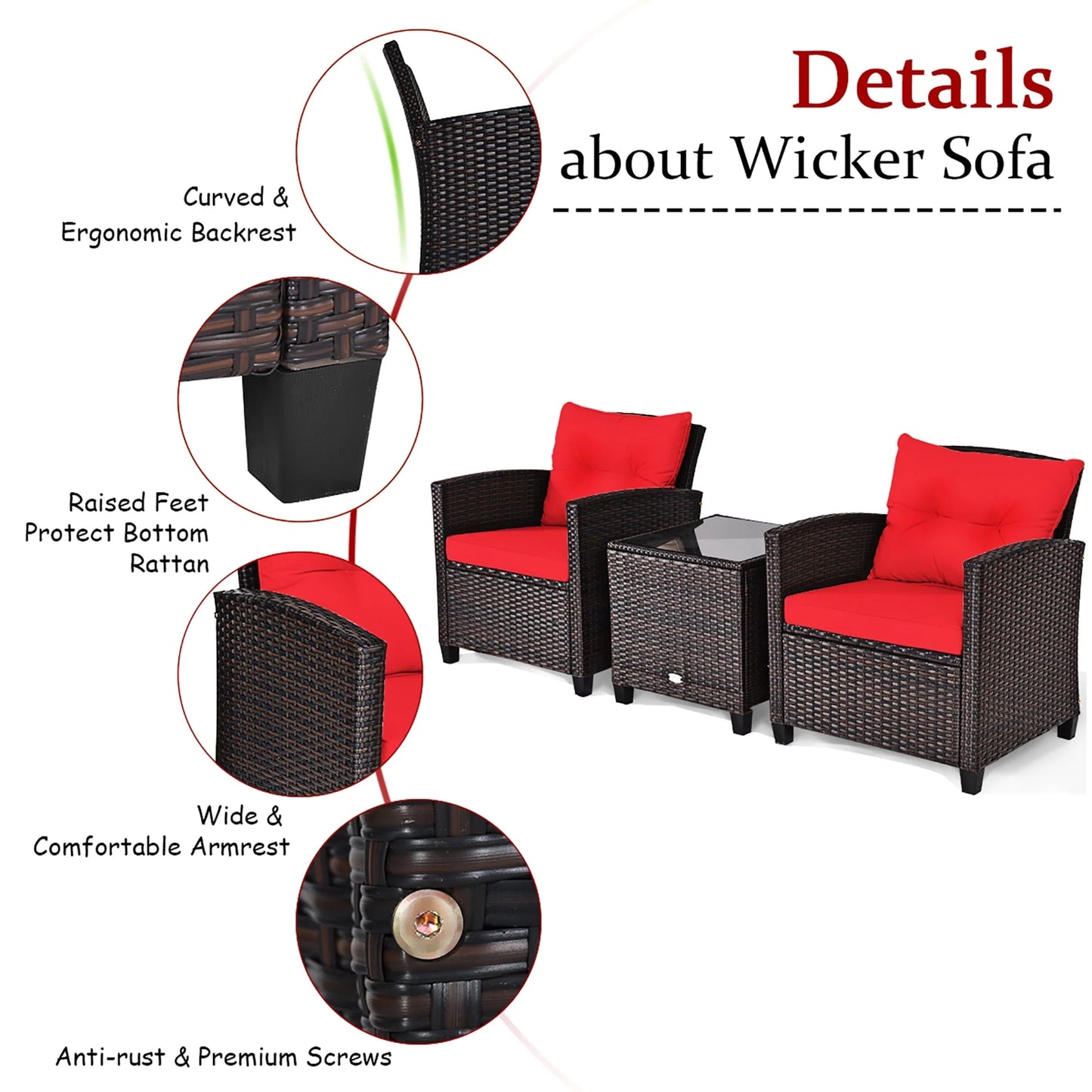 Costway 3PCS Patio Rattan Furniture Set Cushioned Conversation Set Sofa Coffee Table Red