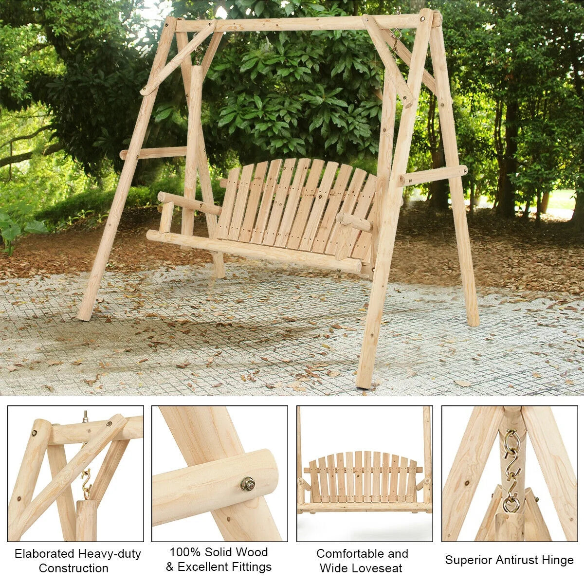 Gymax Wooden Porch Swing Outdoor Patio Rustic Torched Log Curved Back Bench A-Frame
