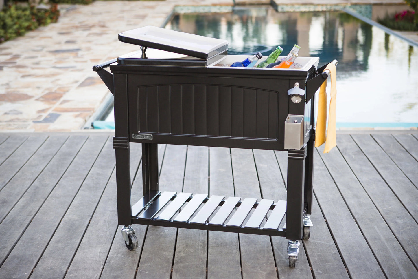 Permasteel 80-Qt Antique Outdoor Steel Patio Cooler on Wheels, Rolling Cooler Cart, Wooden Teak Style, Black