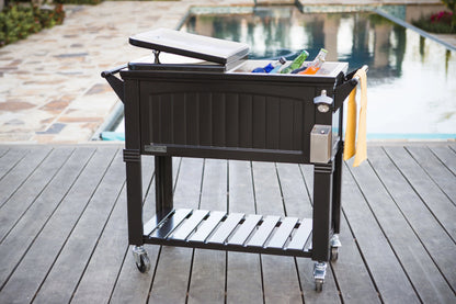 Permasteel 80-Qt Antique Outdoor Steel Patio Cooler on Wheels, Rolling Cooler Cart, Wooden Teak Style, Black