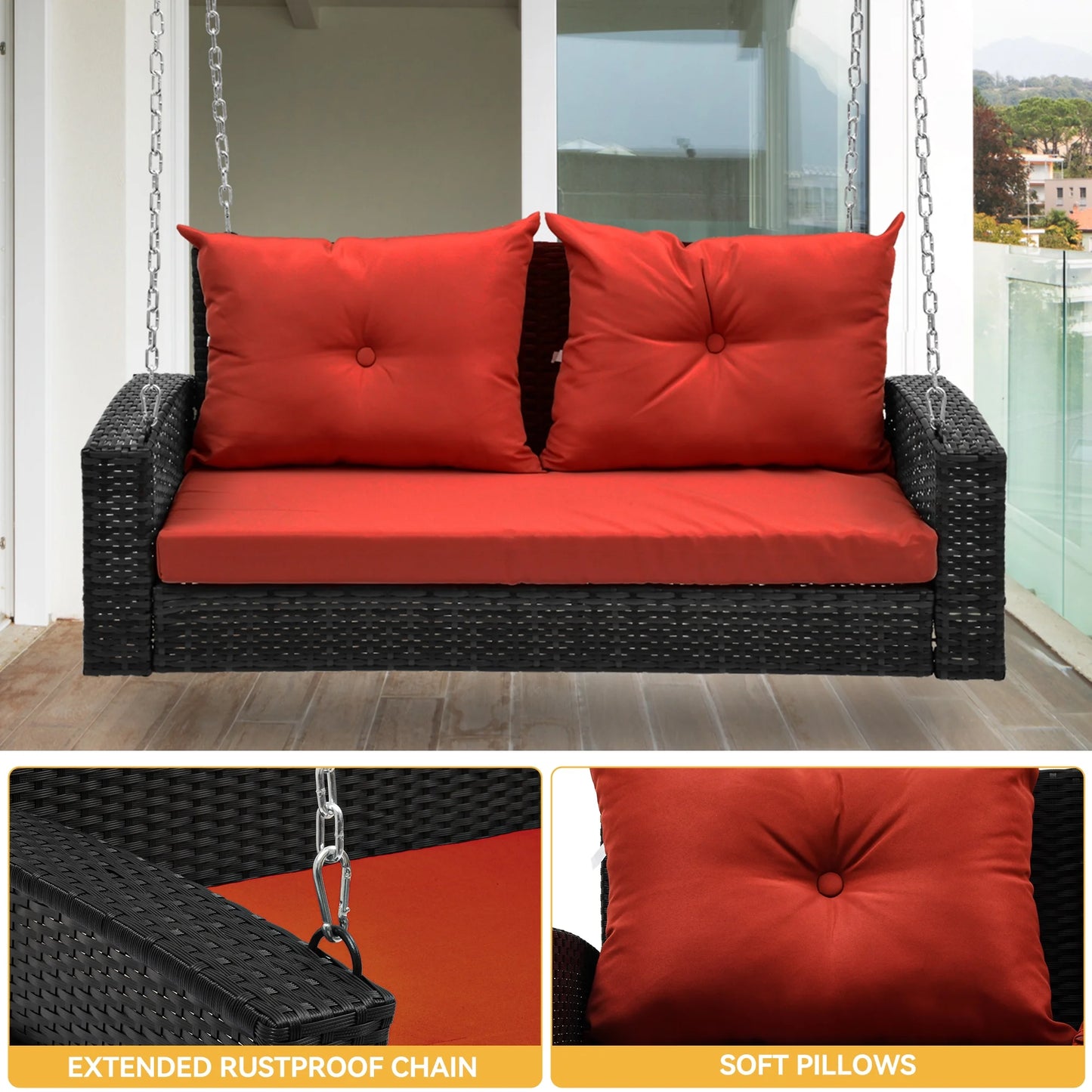 Dextrus 2-Seats Wicker Hanging Porch Swing Chair Outdoor Black Rattan Patio Swing Lounge w/2 Back Cushions Capacity 770lbs for Garden, Balcony, Living Room, Red