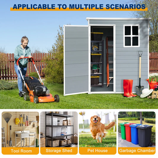 5'3' Outdoor Storage Shed, Resin Storage Cabinet, Garden Tool Shed with Double Lockable Doors, Organizer Cabinet for Patio Yard, Gray