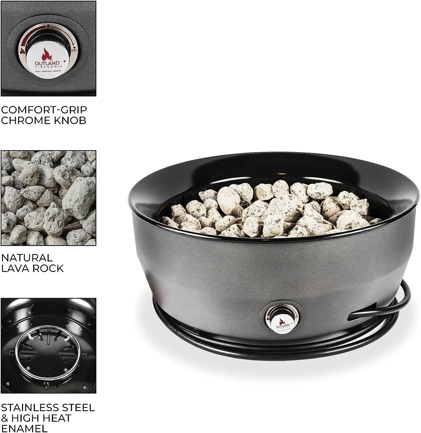 Outland Living Large Outdoor Propane Gas Fire Pit for Outside, 60,000 BTU/h, 24 inch with Lid - Modern Lake Country 800 Fire Bowl Firepit for Patio, Graphite Gray