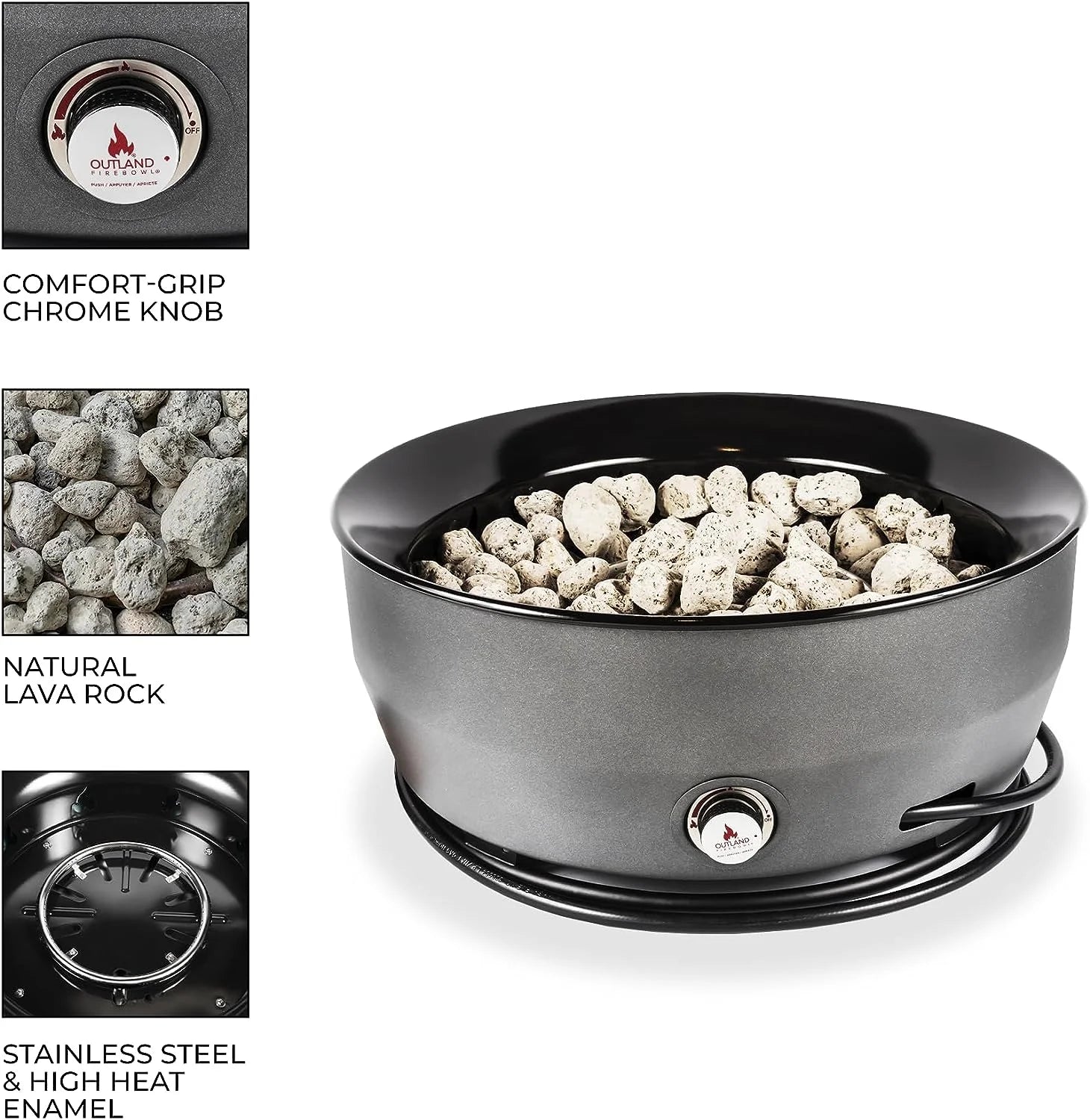 Outland Living Large Outdoor Propane Gas Fire Pit for Outside, 60,000 BTU/h, 24 inch with Lid - Modern Lake Country 800 Fire Bowl Firepit for Patio, Graphite Gray