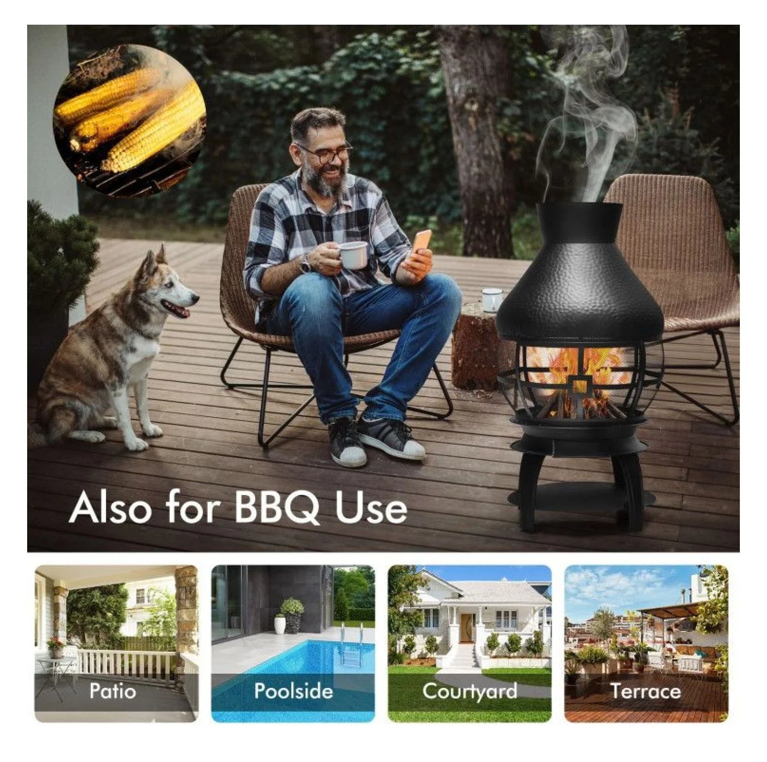 Wood Burning Chimenea Fireplace - Outdoor Patio Fire Pit, Black, 20"x20"x43.5", Iron Construction, Portable Fireplace for Garden, Backyard, Courtyard