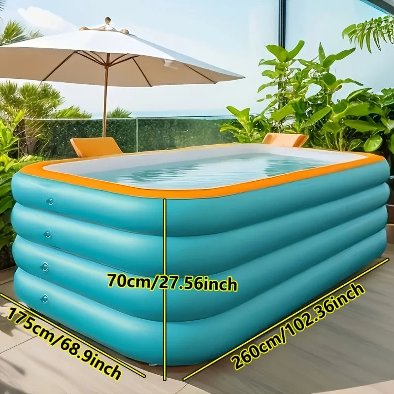 Super Large 3.1m 4-Layer Heightened & Thick Inflatable Swimming Pool - Foldable PVC Sunscreen Material, 4-Person Capacity, Blue & White Rectangular Design with Smooth Surface for Patio