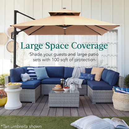 Best Choice Products 10x10ft 2-Tier Square Outdoor Solar LED Cantilever Patio Umbrella w/Base Included - Tan