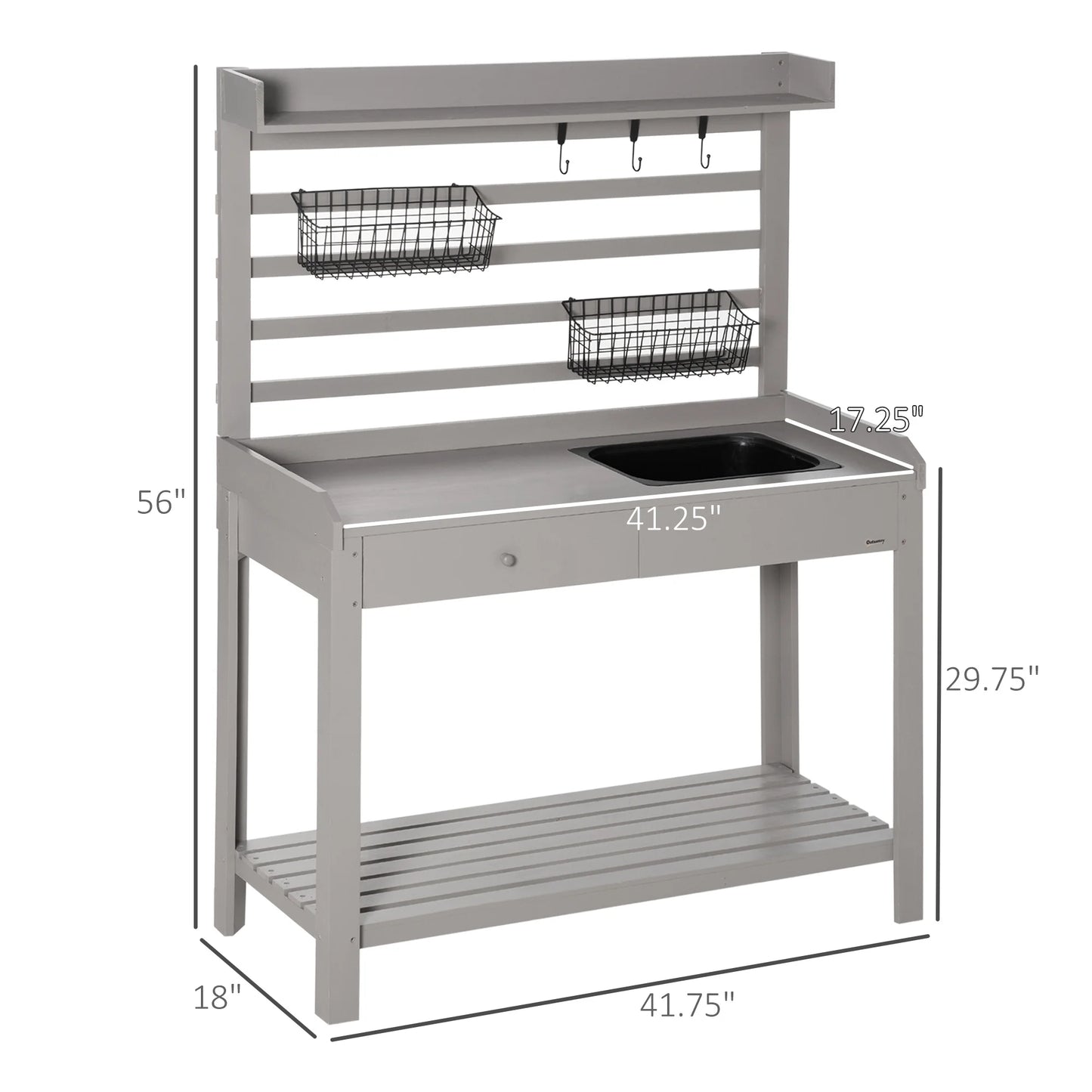Outsunny Potting Bench Table, Garden Work Bench, Workstation with Metal Sieve Screen, Removable Sink, Additional Hooks and Baskets for Patio, Courtyards, Balcony, Natural