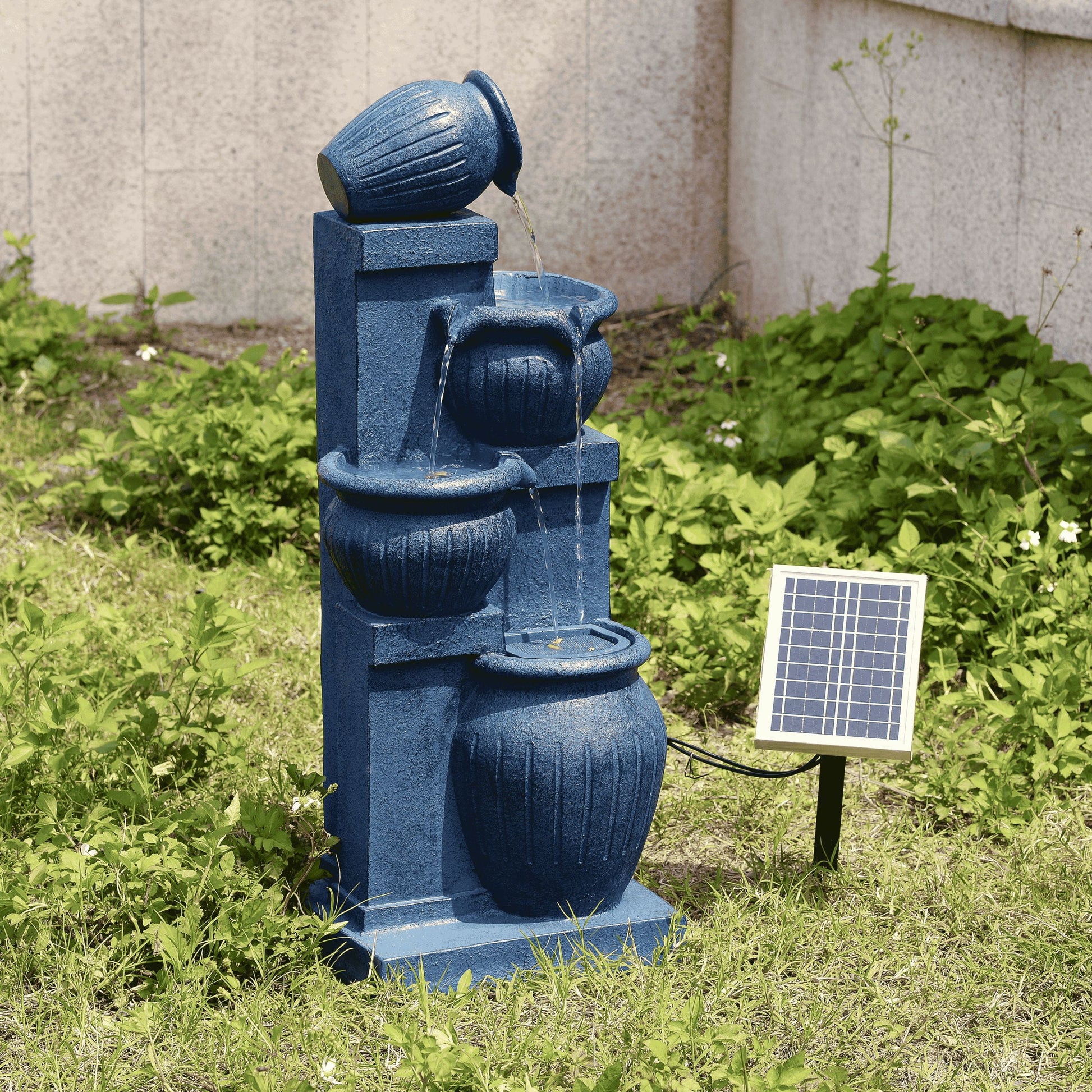 Teamson Home Outdoor Water Fountain with LightsC 4-Tier Cascading Bowl Design with LED Light & Solar Pump, Solar-Powered Water Fountain Outdoor Garden, Yard, or Patio Dcor, Navy Blue