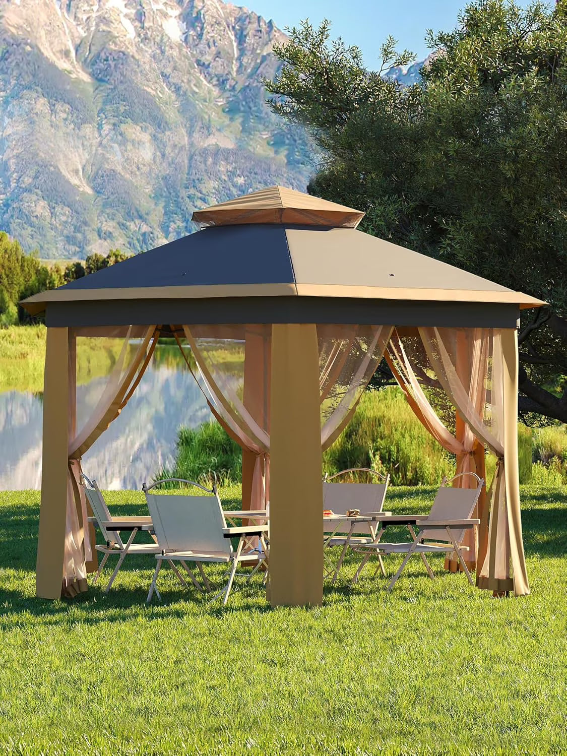 13x13 Gazebo Outdoor Canopy Shelter,Instant Patio Gazebo Sun Shade Canopy Tent with 6 Zippered Mesh Netting and Strong Steel Frame for Lawn,Garden,Backyard,Deck Party