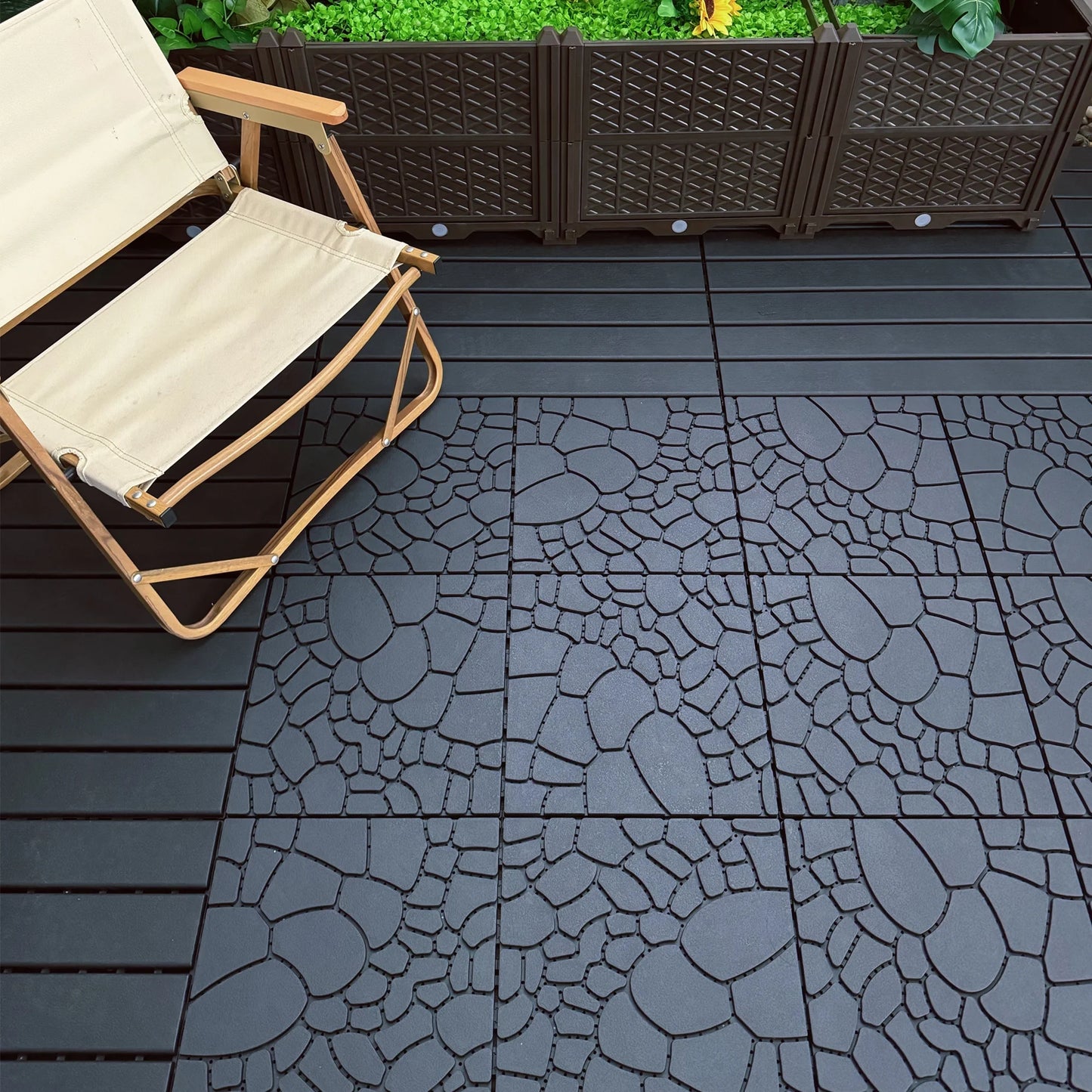 Miniyam 44 Pcs 12"x12" Interlocking Deck Tiles, Rubber Flooring, Patio Decking, Poolside, Dark Gray+Stone Texture