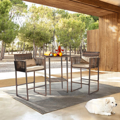 Ktaxon 3 Pcs Wicker Bar Set for Outdoor, Garden, Deck, Rattan Conversatuon Set w/Cushion, Patio Furniture Set, Brown