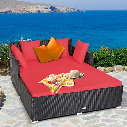 Costway Outdoor Patio Rattan Daybed Pillows Cushioned Sofa Furniture Beige