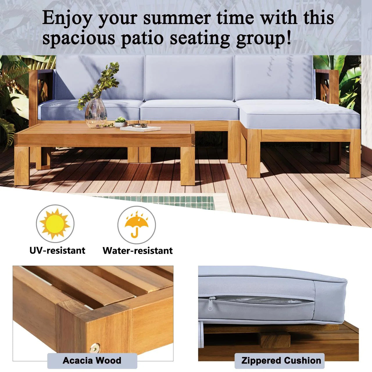 TOPMAX Outdoor Backyard Patio Wood 5-Piece Sectional Sofa Seating Group Set with Cushions, Natural Finish+ Gray Cushions
