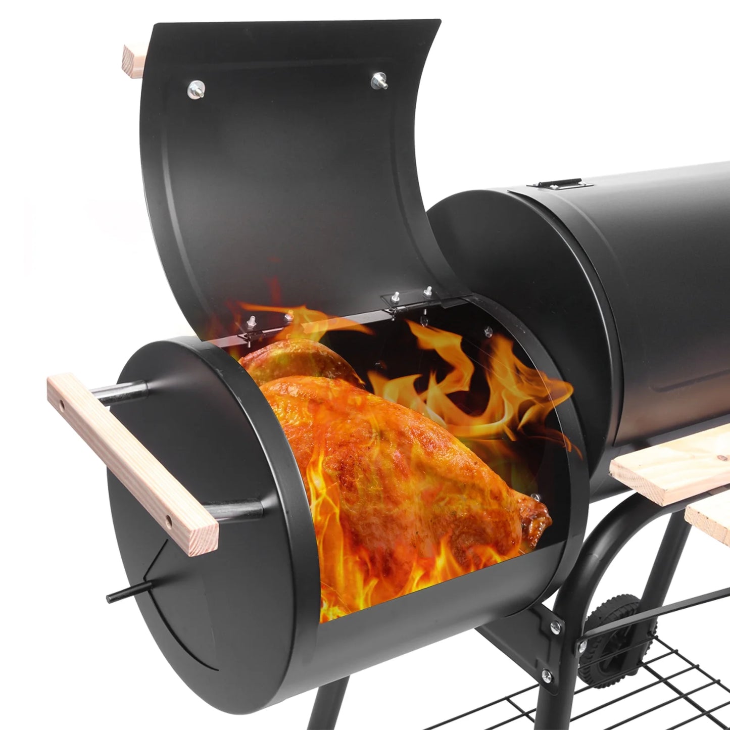 Clearance Charcoal Grill, Portable Oil Drum Charcoal Furnace with Stainless Steel BBQ Smoker, Wood Shelf, Thermometer, Wheels, for patio, Pool, Camping