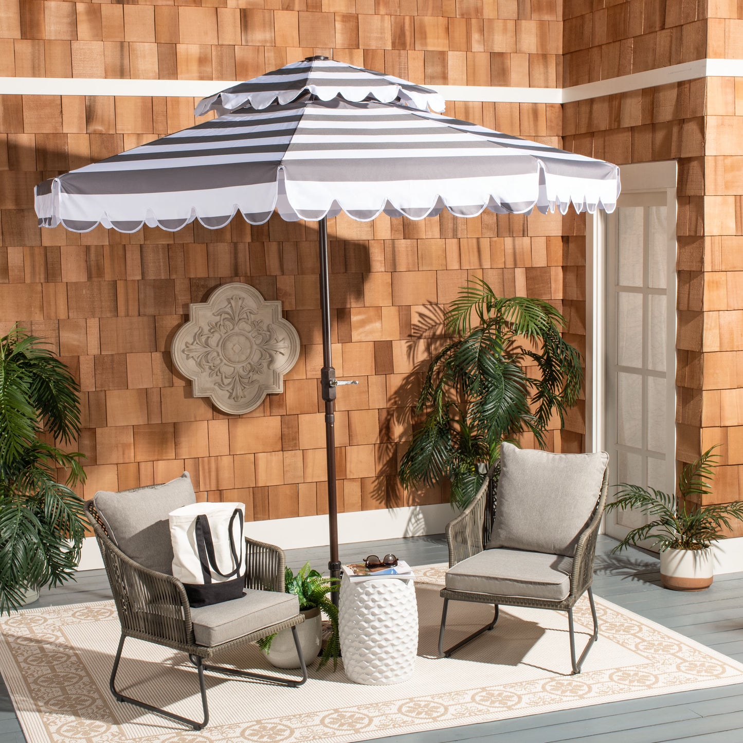 Safavieh Vienna 9' Market Crank Double Top Patio Umbrella, Grey/White
