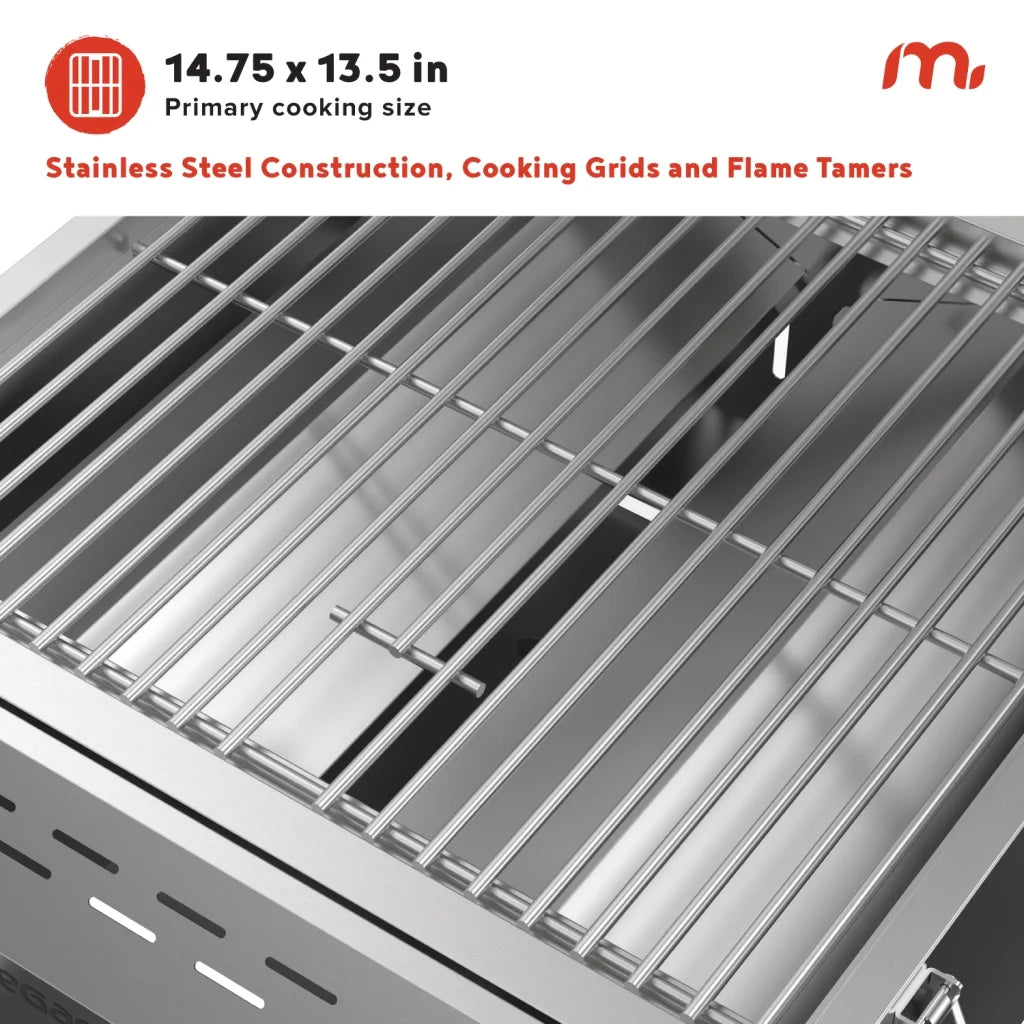 Megamaster 2-Burner Stainless Steel Portable Gas Grill with Built-In Lid, 16,000 BTUs, Foldable Legs, Small Propane Grill for Outdoor Cooking, Camping, BBQs, Patios, Tabletop, and Gardens - 820-0033M