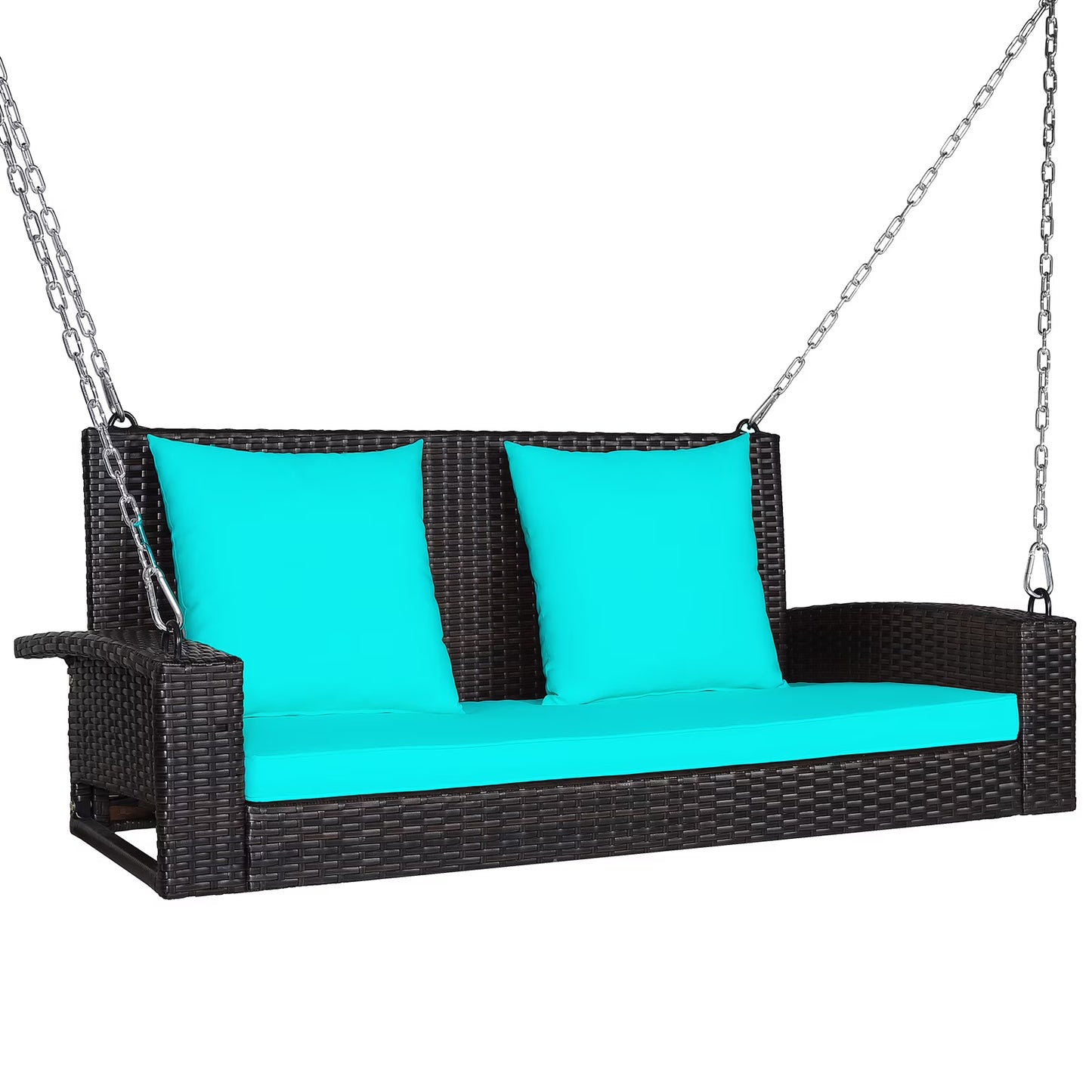 Topbuy Outdoor Wicker Porch Swing Bench 2-Person Patio Rattan Swing Chair W/Soft Cushions Black