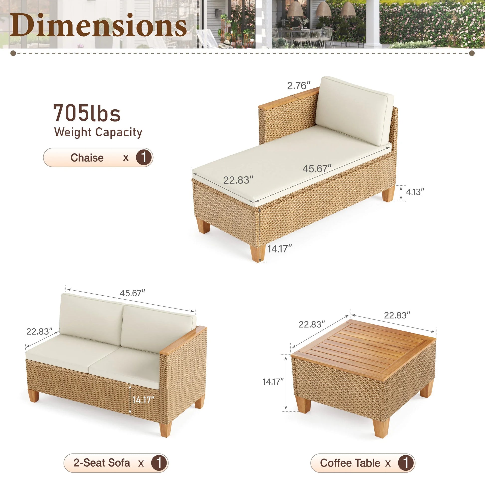MF Studio 3-Piece Patio Furniture Conversation Set, All-Weather Wicker Outdoor Sectional Sofa Set with Table & Cushions, Beige