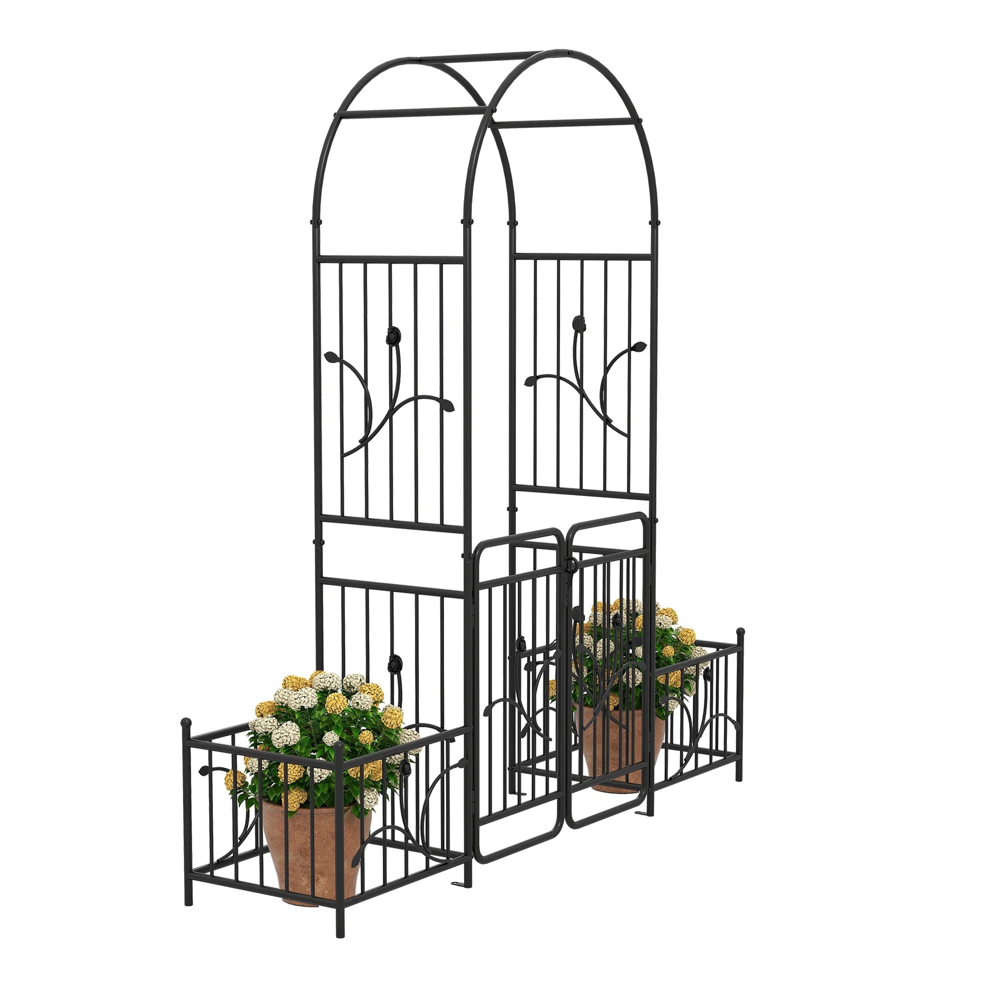 Uforic 87" Metal Garden Arbor Arch with Gate & Planter Boxes, Patio Wedding Party Lawn Arches Decoration, Black