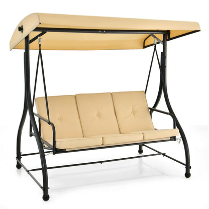 Costway Converting Outdoor Swing Canopy Hammock 3 Seats Patio Deck Furniture beige