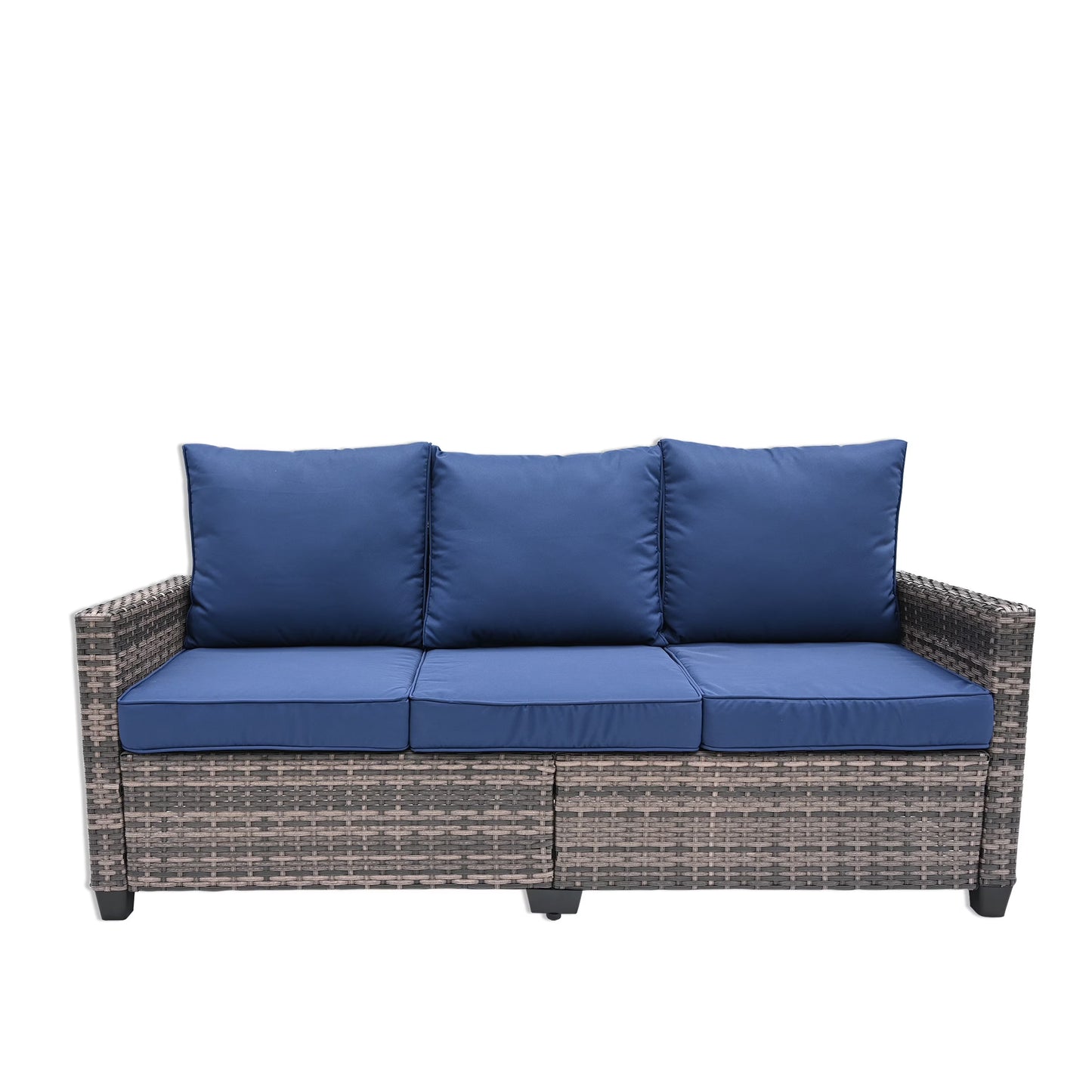 Decksplore All Weather Wicker Patio Couch, 3 Seats Patio Sofa with High Curvy Back, Premium Outdoor Sofa with Brown Wicker and Thick Cushions for Garden, Backyard, Porch Navy Blue