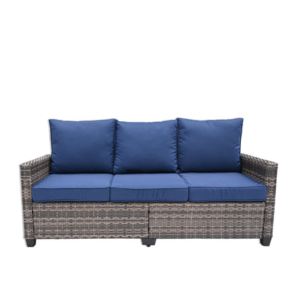 Decksplore All Weather Wicker Patio Couch, 3 Seats Patio Sofa with High Curvy Back, Premium Outdoor Sofa with Brown Wicker and Thick Cushions for Garden, Backyard, Porch Navy Blue