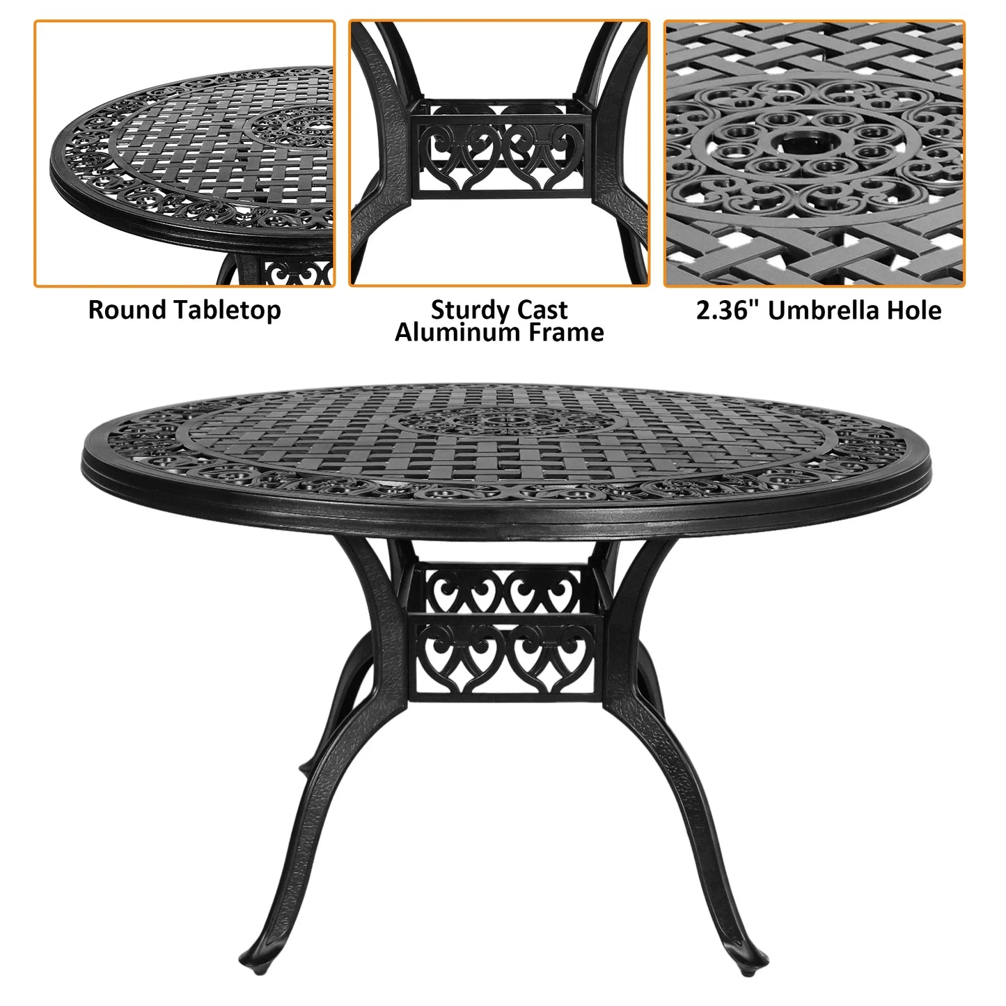 48 Inch Outdoor Dining Table Round Patio Bistro Table Powder-Coated Cast Aluminum Frame Patio Dining Table Garden Table with Umbrella Hole (Black)