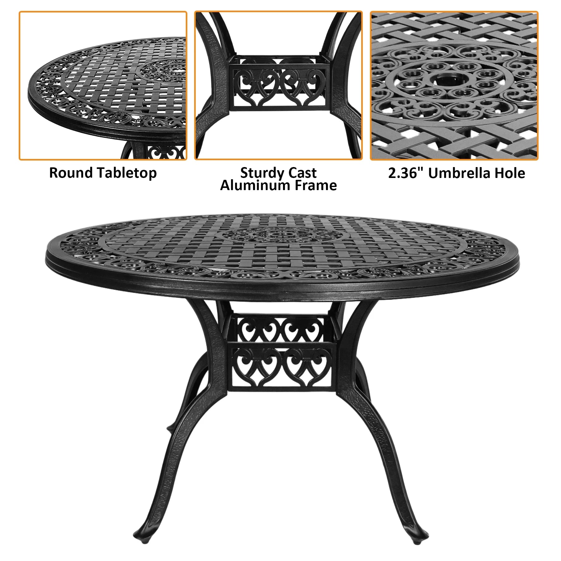 48 Inch Outdoor Dining Table Round Patio Bistro Table Powder-Coated Cast Aluminum Frame Patio Dining Table Garden Table with Umbrella Hole (Black)