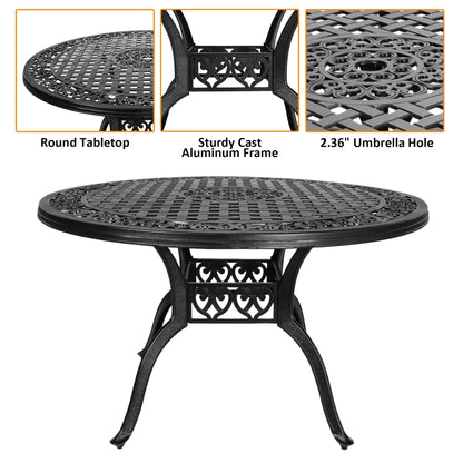 48 Inch Outdoor Dining Table Round Patio Bistro Table Powder-Coated Cast Aluminum Frame Patio Dining Table Garden Table with Umbrella Hole (Black)