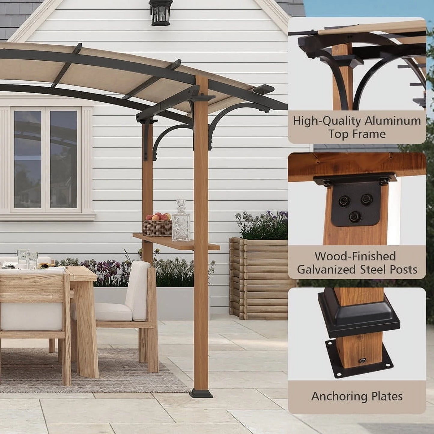 GAZEBETER 8.5 ft x 13 ft Outdoor Pergola with Arched Canopy,Natural Wood Looking Finish and Tan Shade for Backyard,Garden,Patio,Barbecue,Beige