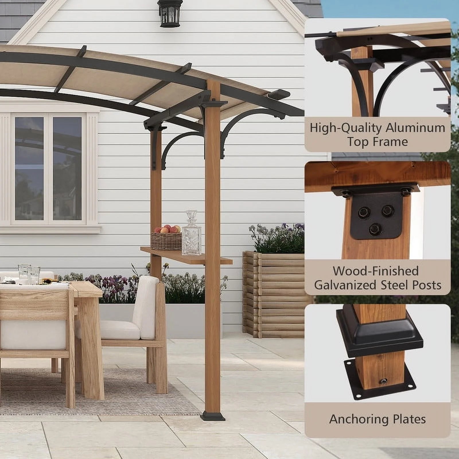 GAZEBETER 8.5 ft x 13 ft Outdoor Pergola with Arched Canopy,Natural Wood Looking Finish and Tan Shade for Backyard,Garden,Patio,Barbecue,Beige