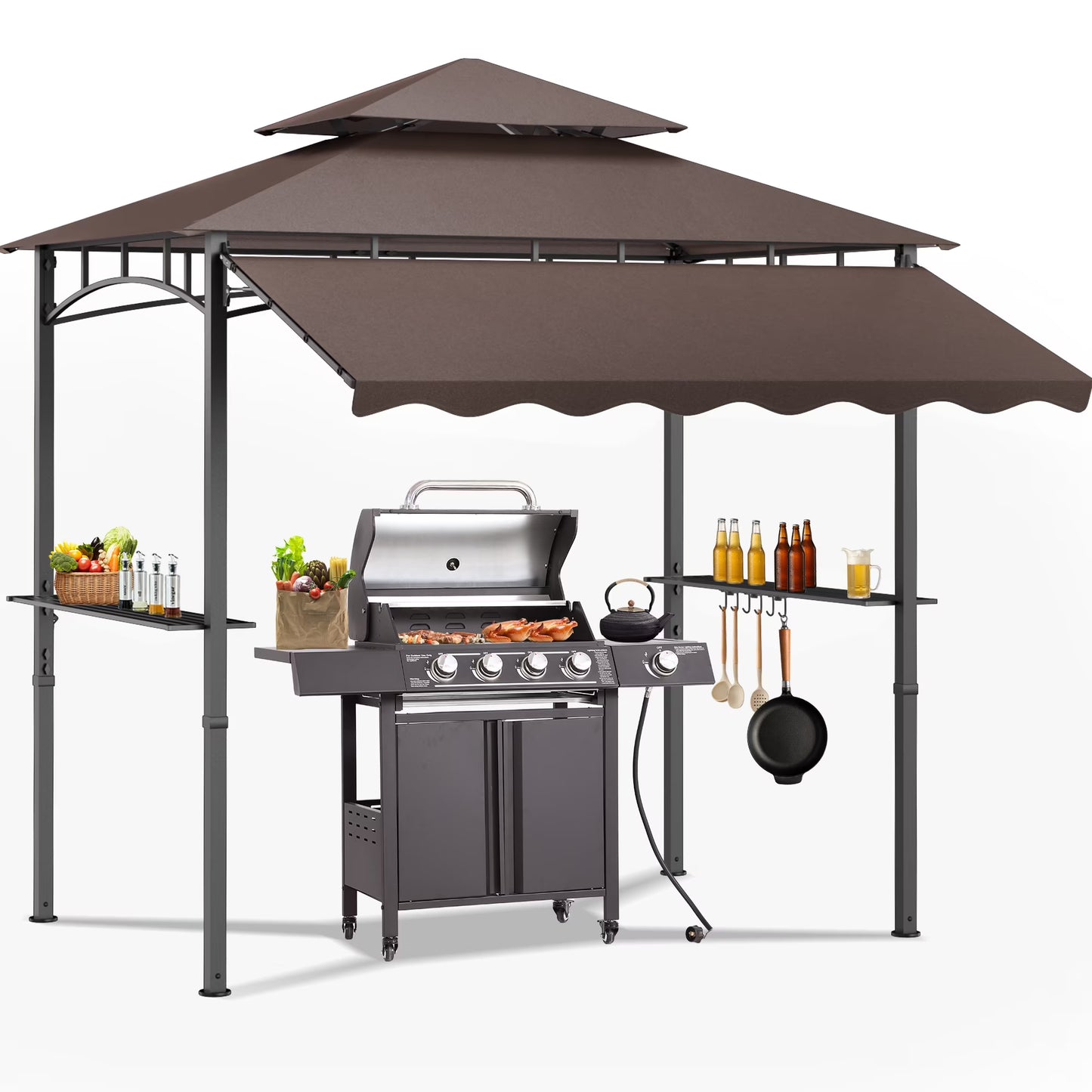 Magic Union 8'X8' Grill Gazebo Canopy - Heavy Duty Steel Frame, Double Tiered Grill Canopy for Outdoor Grill W/Shelves, Ceiling Hooks and Ground Stakes, Patio Canopy Tent BBQ Gazebo for Backyard