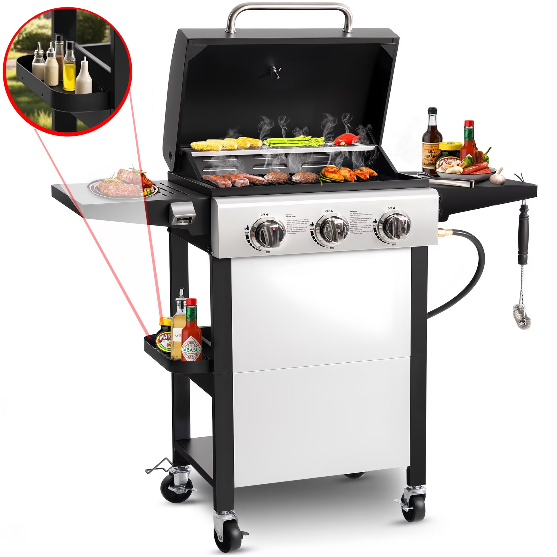 4000BTU Propane Gas Grill, Seizeen Stainless Steel 4-Burner BBQ Grill , Outdoor Patio Camping Portable Grill w/Foldable Side Table, Hanging Basket, Steel Brush, Universal Wheels