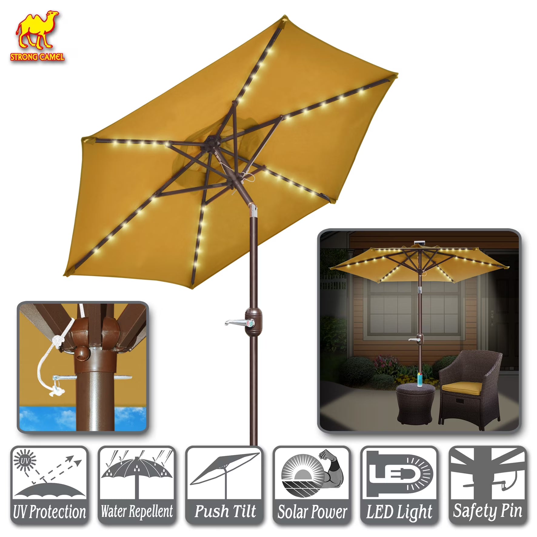 Sunny6.5ft Outdoor Patio Umbrella LED Lighted Tilt Aluminum Garden Market Balcony Sunshade