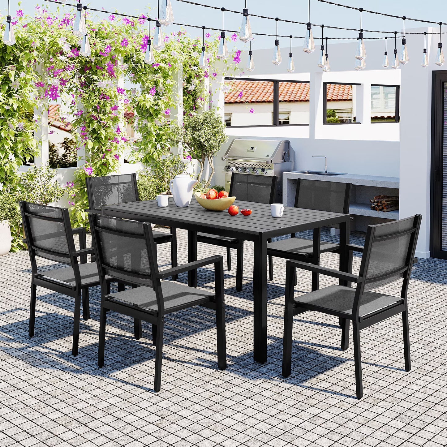 7 Piece Outdoor Dining Set, Patio Dining Table Set for 6 Persons, Garden Patio Textilene Dining Furniture Set with Plastic-Wood Tabletop, Dining Table Chairs Conversation Set for Deck Patio