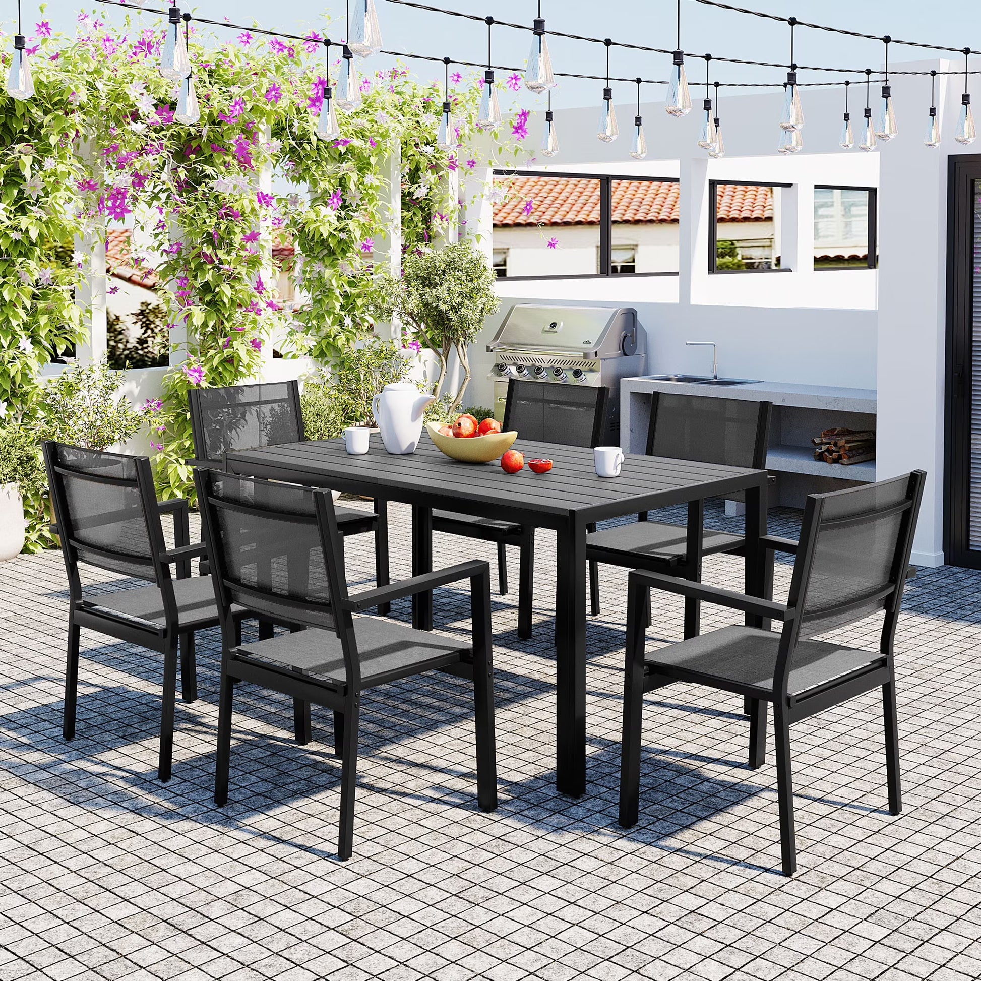 7 Piece Outdoor Dining Set, Patio Dining Table Set for 6 Persons, Garden Patio Textilene Dining Furniture Set with Plastic-Wood Tabletop, Dining Table Chairs Conversation Set for Deck Patio