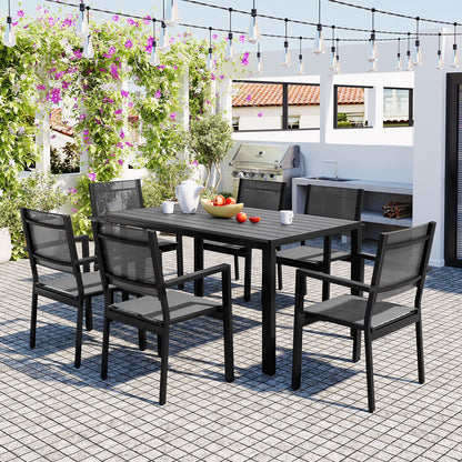 7 Piece Outdoor Dining Set, Patio Dining Table Set for 6 Persons, Garden Patio Textilene Dining Furniture Set with Plastic-Wood Tabletop, Dining Table Chairs Conversation Set for Deck Patio