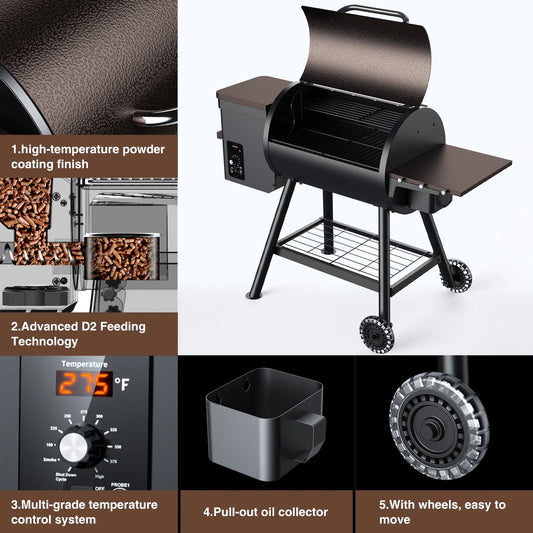 KingChii 456 SQ.IN Pellet Grill Smoker with Side Shelf, 8 IN 1 BBQ Grill with PID Temperature Control for Outdoor Cooking, BBQ Camping and Patio, Brown