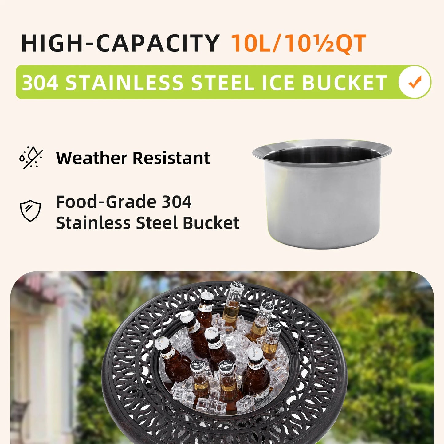 Yoneston 21" Cast Aluminum Round Patio Table with Removable Ice Bucket, Rustproof Outdoor Patio Bar Table for Patio, Balcony, Garden, Poolside, Black
