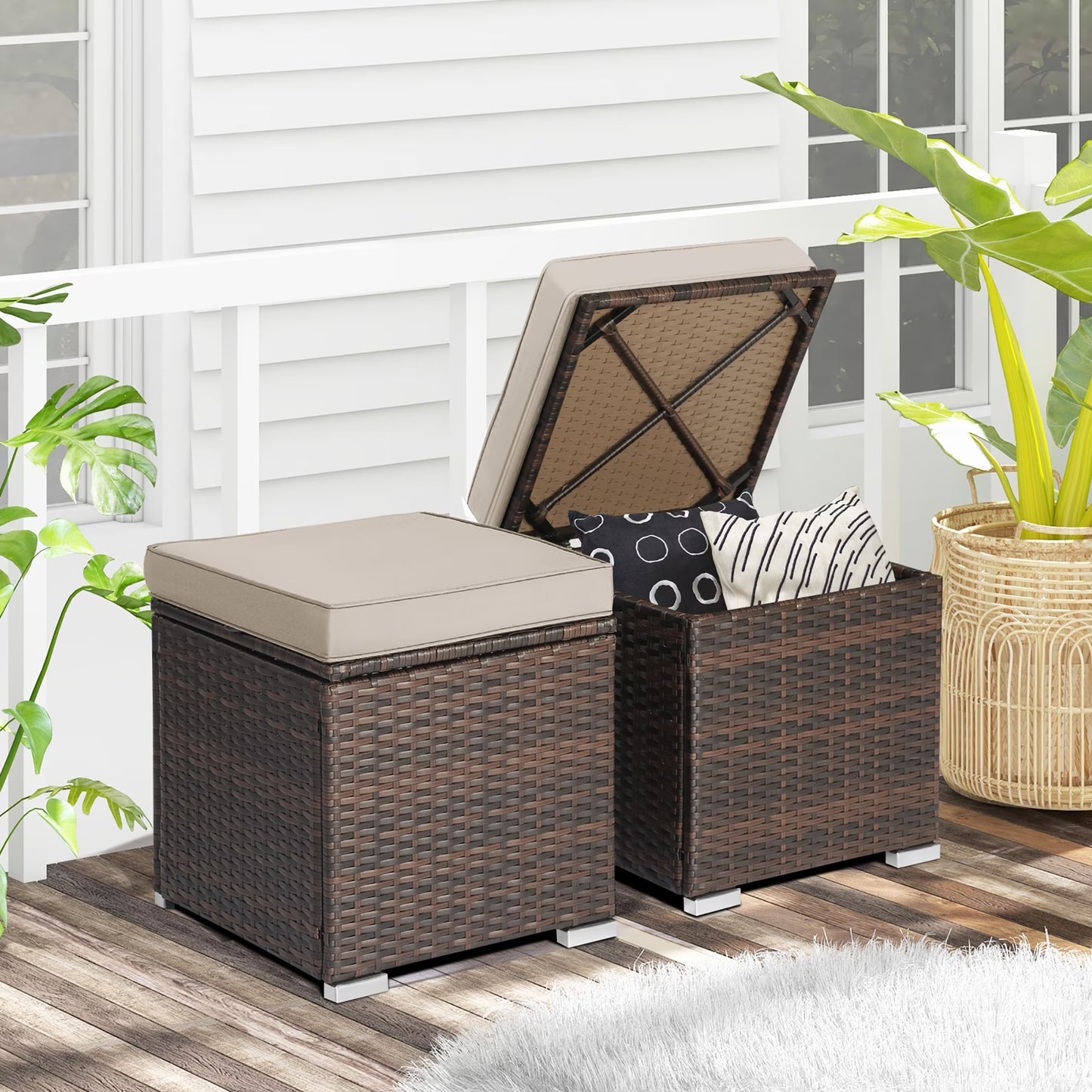Gymax 2PCS Outdoor Patio Ottomans Hand-Woven PE Wicker Footstools w/Removable Cushions Grey