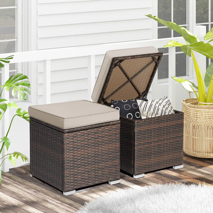 Gymax 2PCS Outdoor Patio Ottomans Hand-Woven PE Wicker Footstools w/Removable Cushions Grey